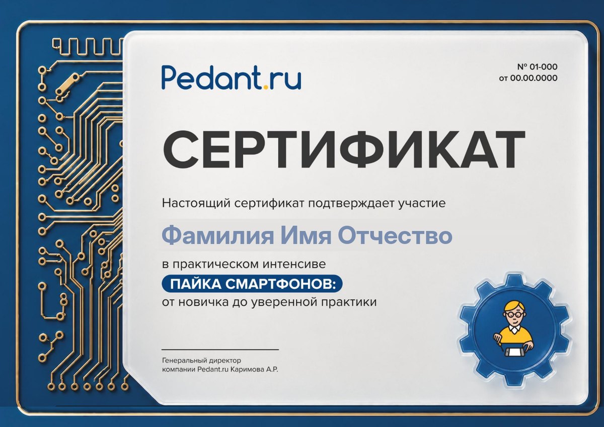 Образец сертификата Pedant.ru с местом для ФИО